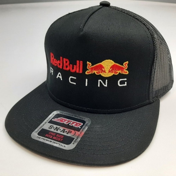 Red Bull Racing Embroidered Flat Bill Snapback Mesh Hat Cap Black F1 Formula Y2K - Picture 6 of 9